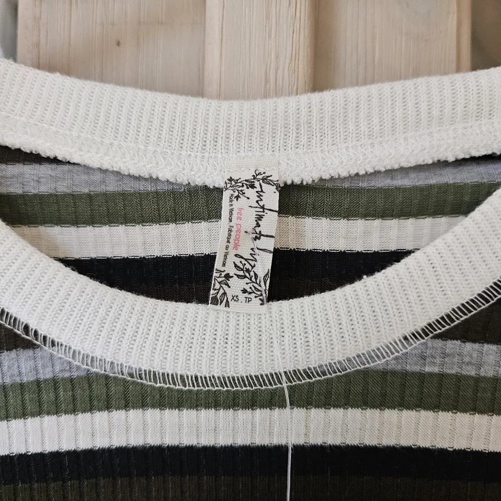 NWT Free People Good on You Army Green Stripe Round Hem Ribbed Tee Top